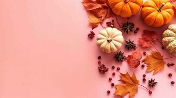 Autumn leaves and flowers. Autumn composition Dried leaves pumpkins flowers. AI Generated photo