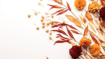 Autumn leaves background. Autumn composition Dried flowers and leaves on white. AI Generated photo