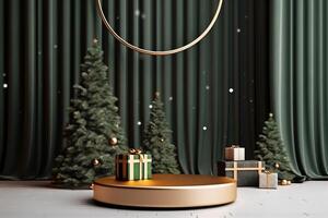 Christmas tree with gift boxes Luxury product display podium with pine. AI Generated photo