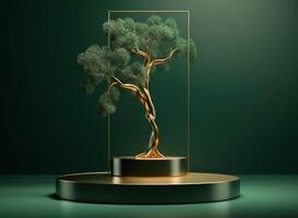 Still life with a vase Green and gold podium stand with golden abstract tree. AI Generated photo