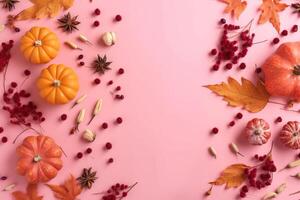 Autumn leaves and flowers. Autumn composition Dried leaves pumpkins flowers. AI Generated photo