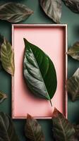 Frame with leaves. Flat lay of frame with leaf decoration. AI Generated photo