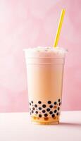 Generative AI illustration of product photo plastic cup of boba milk tea, with bubbles, fun, pastel background