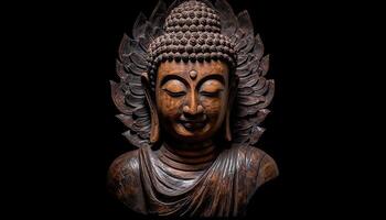 illustration of rock and wooden buddha statue on black background photo