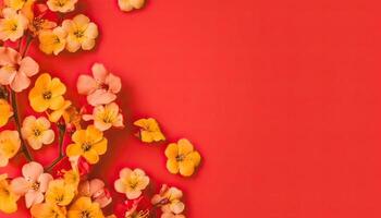 illustration of many small beautiful yellow flower blossoms on red pastel background with copy space. photo