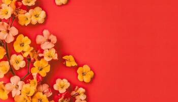 Generative AI illustration of many small beautiful yellow flower blossoms on red pastel background with copy space. photo