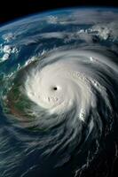 Generative AI illustration of a mesmerizing top down view of a hurricane, capturing its raw power and beauty. The swirling clouds and intense lighting create a captivating pattern photo