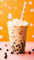 Generative AI illustration of product photo plastic cup of boba milk tea, with bubbles, fun, pastel background