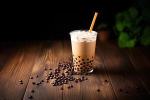 illustration of Taiwan boba milk tea with bubble on wood table photo