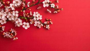 Generative AI illustration of many small beautiful pink flower blossoms on red pastel background with copy space photo