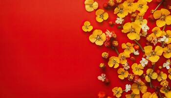 illustration of many small beautiful yellow flower blossoms on red pastel background with copy space. photo