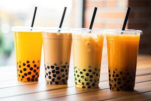 Generative AI illustration of plastic cups of boba milk tea, with bubbles, close-up shot, depth of field, gourmet dessert, blurry background photo