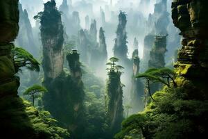 Generative AI illustration of spectacular epic vista of overly glorious trippy ancient ritual zhangjiajiei, vibrant , beautiful. Oriental fantasy, fine details photo