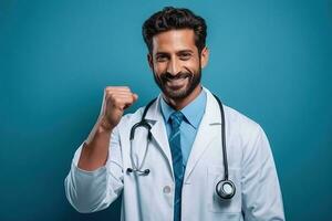 Generative AI illustration of handsome Arabian doctor with stethoscope in white coat showing thumb up on blue background photo