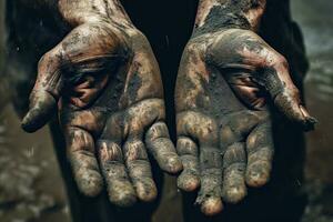 Generative AI illustration of dirty hands of workers, farmers. Concept hard work. photo