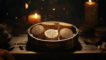 illustration of Chinese Mid Autumn Festival moon cakes arranged on a traditional Chinese porcelain plate, set on a rustic wooden table photo