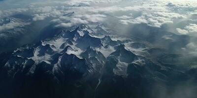 Generative AI illustration of view from sky, snow mountains of dark age, rain, fog, dramatic and stunning landscape, dramatic linear delicacy photo