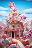 Generative AI illustration of a sweet and magical world with candy land landscape and gingerbread fantasy house photo