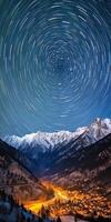 Generative AI illustration of starry night, professional landscape photography, winter landscape mountains photo