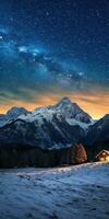 Generative AI illustration of starry night, professional landscape photography, winter landscape mountains photo