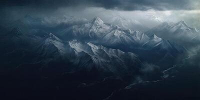 illustration of view from sky, snow mountains of dark age, rain, fog, dramatic and stunning landscape, dramatic linear delicacy photo