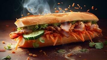 Generative AI illustration of vietnamese baguette, banh mi, explosion effect. Street food in Vietnam photo