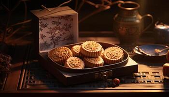 Generative AI illustration of Chinese Mid Autumn Festival moon cakes arranged on a traditional Chinese porcelain plate, set on a rustic wooden table photo