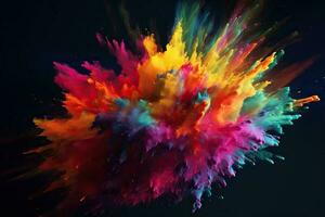 Generative AI illustration of explosions of colors on black background, many colors, dynamic, modern, visual effect photo