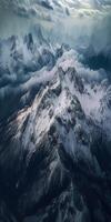 Generative AI illustration of view from sky, snow mountains of dark age, rain, fog, dramatic and stunning landscape, dramatic linear delicacy photo