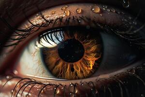 illustration of extreme macro close up photo of brown eye, wet, translucence, back lit