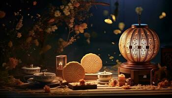 generativo ai ilustración de chino medio otoño festival Luna pasteles arreglado en un tradicional chino porcelana lámina, conjunto en un rústico de madera mesa foto