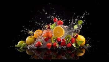 illustration of assortment of fresh fruits and water splashes and fly on dark background photo