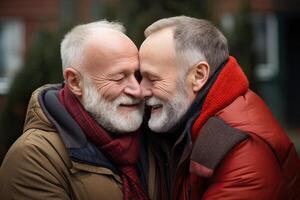 generativo ai ilustración de un casado, mayor gay masculino Pareja abrazo cada otro en un espectáculo de amor y afecto foto