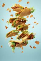 Generative AI illustration of flying tacos for food commercial, blank background photo