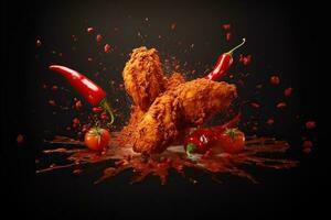 generativo ai ilustración de rojo chile pimienta salpicaduras con frito pollo en sólido color antecedentes foto