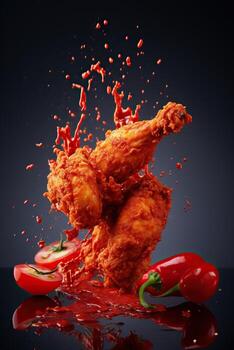 illustration of red chili pepper splashing with Fried Chicken on solid color background photo