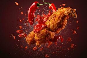 Generative AI illustration of red chili pepper splashing with Fried Chicken on solid color background photo