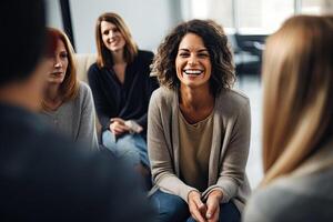 Generative AI illustration of professional therapist conducting a candid group session, showing genuine compassion and a comforting smile, emphasizing the importance of mental health and counseling photo