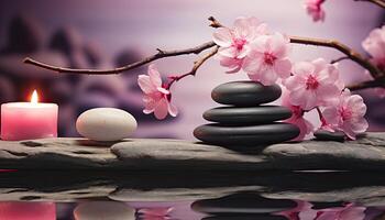 Generative AI illustration of zen relaxation spa. Beauty salon and massage atmosphere. Banner with sakura cherry blossoms, candles and stacked stones. Calm and relaxing atmosphere photo