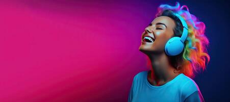 illustration of smiling woman listening to music - positive and joyful. Solid color neon background photo
