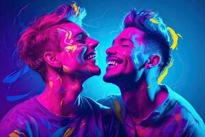 Generative AI illustration of smiling couple gay, LGBT concept, positive and joyful. Neon club color background photo