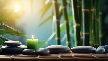 Generative AI illustration of zen relaxation spa. Beauty salon and massage atmosphere. Banner with bamboos, candles and stacked stones. Calm and relaxing atmosphere photo