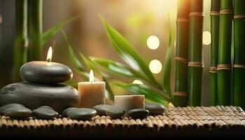 Generative AI illustration of zen relaxation spa. Beauty salon and massage atmosphere. Banner with bamboos, candles and stacked stones. Calm and relaxing atmosphere photo