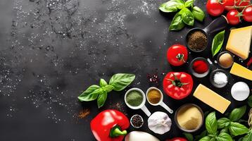 Food ingredients and spices tomatoes, cheese, garlic, pepper, salt, basil, delicious cooking ingredients on black concrete background. Ai Generated. photo