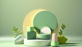 3D podium stone display on green background. Green rock, cosmetic beauty product promotion pedestal. Podium showcase. Abstract minimal studio render. photo