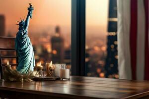 Wood table and statue of liberty with blur background. Generative AI photo