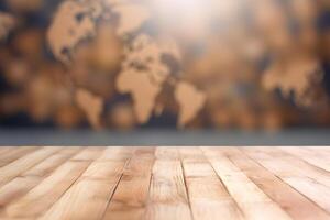 Wood table with world map on blur background. photo