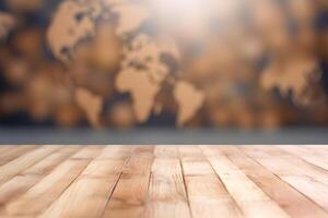 Wood table with world map on blur background. Generative AI photo