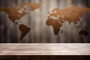 Wood table with world map on blur background. photo