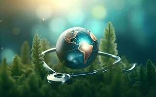 Globe glass in nature concept eco earth day. Generative AI photo
